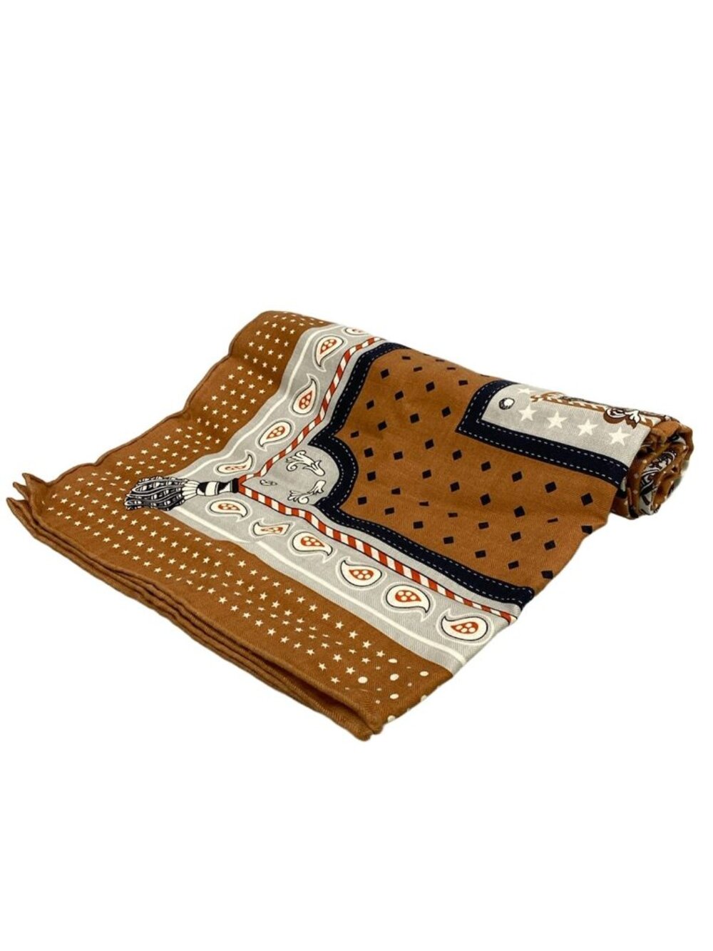 Hermes Shawl Carre 140 Brown Light Gray Multi Harnais de Cour Cashmere Silk